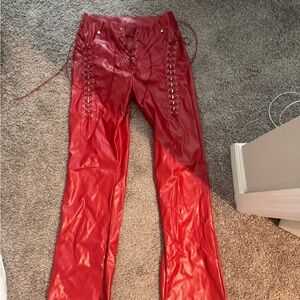 Red Lace-Up Leather Pants